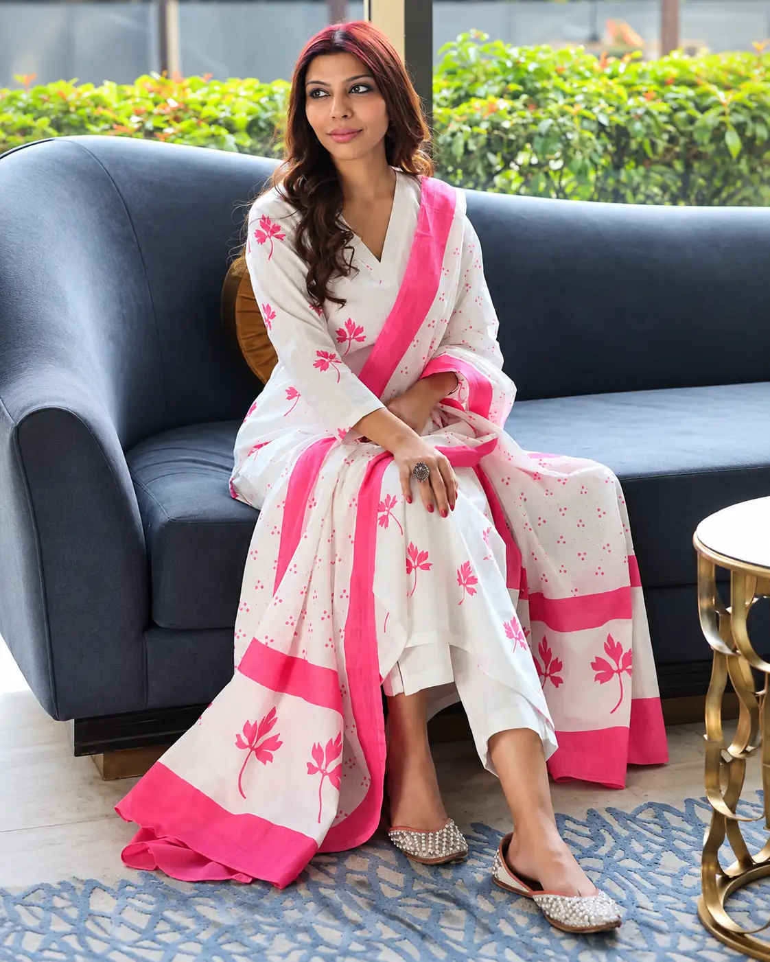 Red Rayon Floral Kurta Palazzo Dupatta Set with Lace Border - Image 3