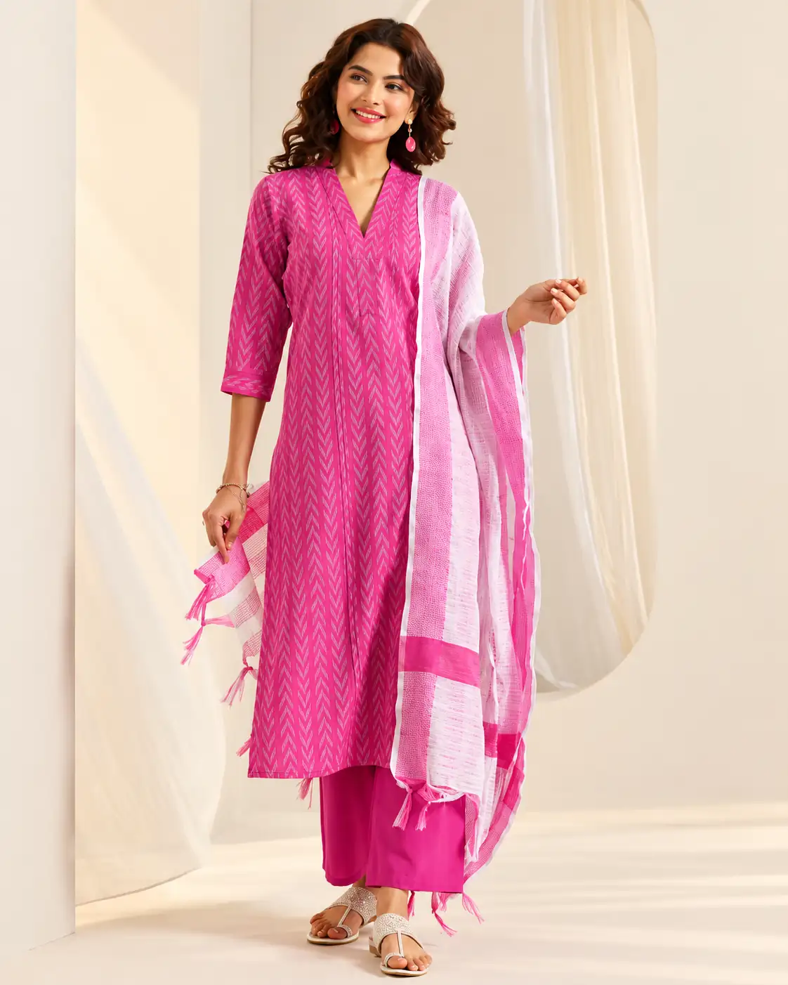 Pink Striped Cotton Kurta Pant Dupatta Set for Women, Office