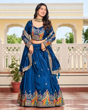 Blue Art Silk Embroidered Lehenga Choli Set for Women, Party