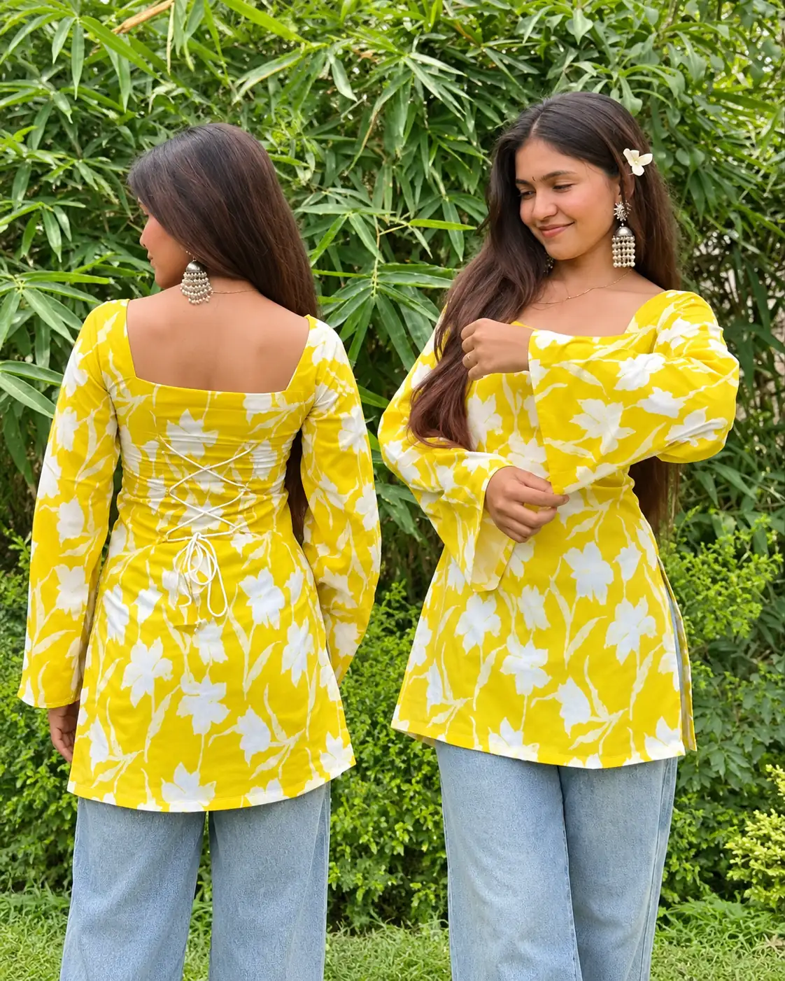 Yellow Printed Cotton Blend Corset Back Short Kurti for Women