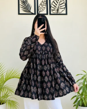 Black Ethnic Print Rayon Short Kurti Top for Women, Casual