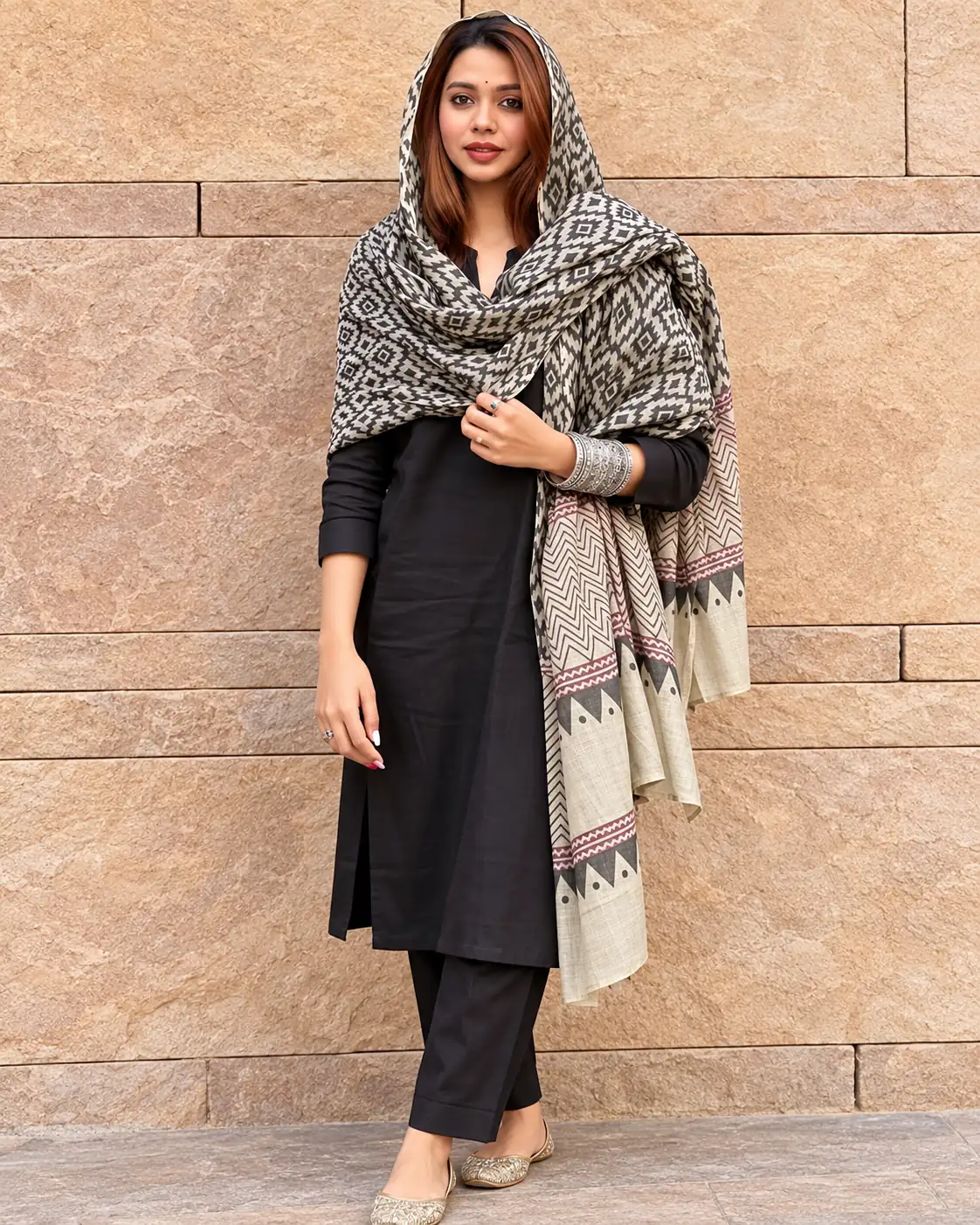 Black Rayon Kurta Palazzo Set with Shawl Dupatta for Women - Image 3