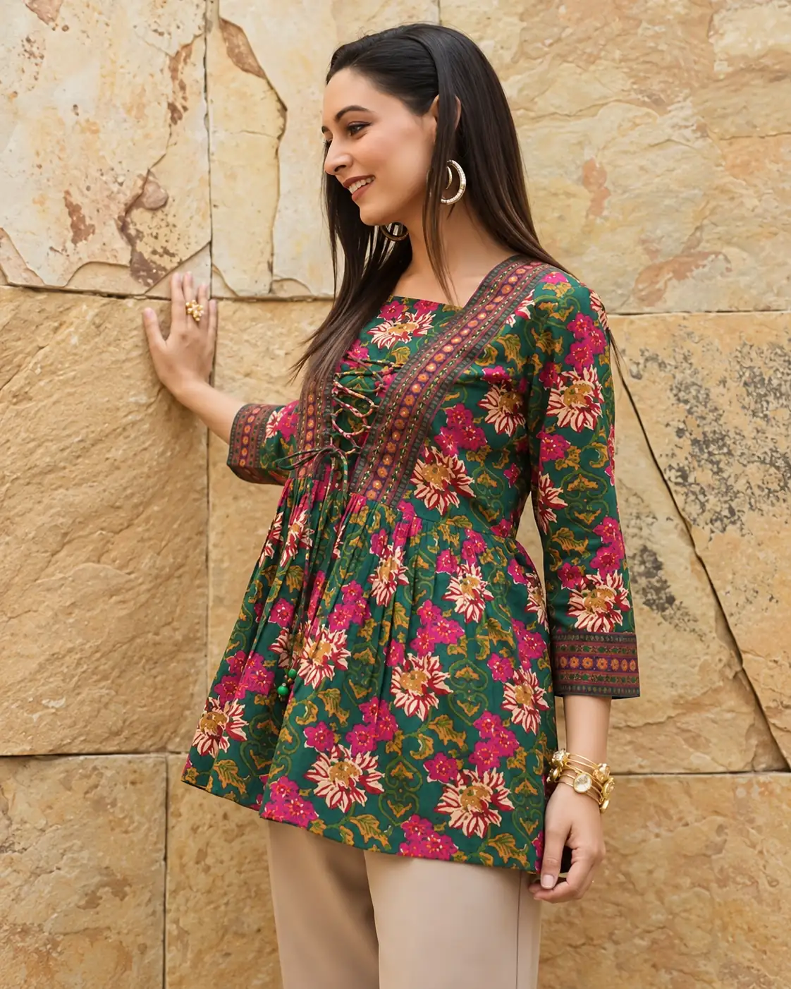 Multicolor Floral Rayon Short Kurti Top with Waist Tie-Up - Image 3