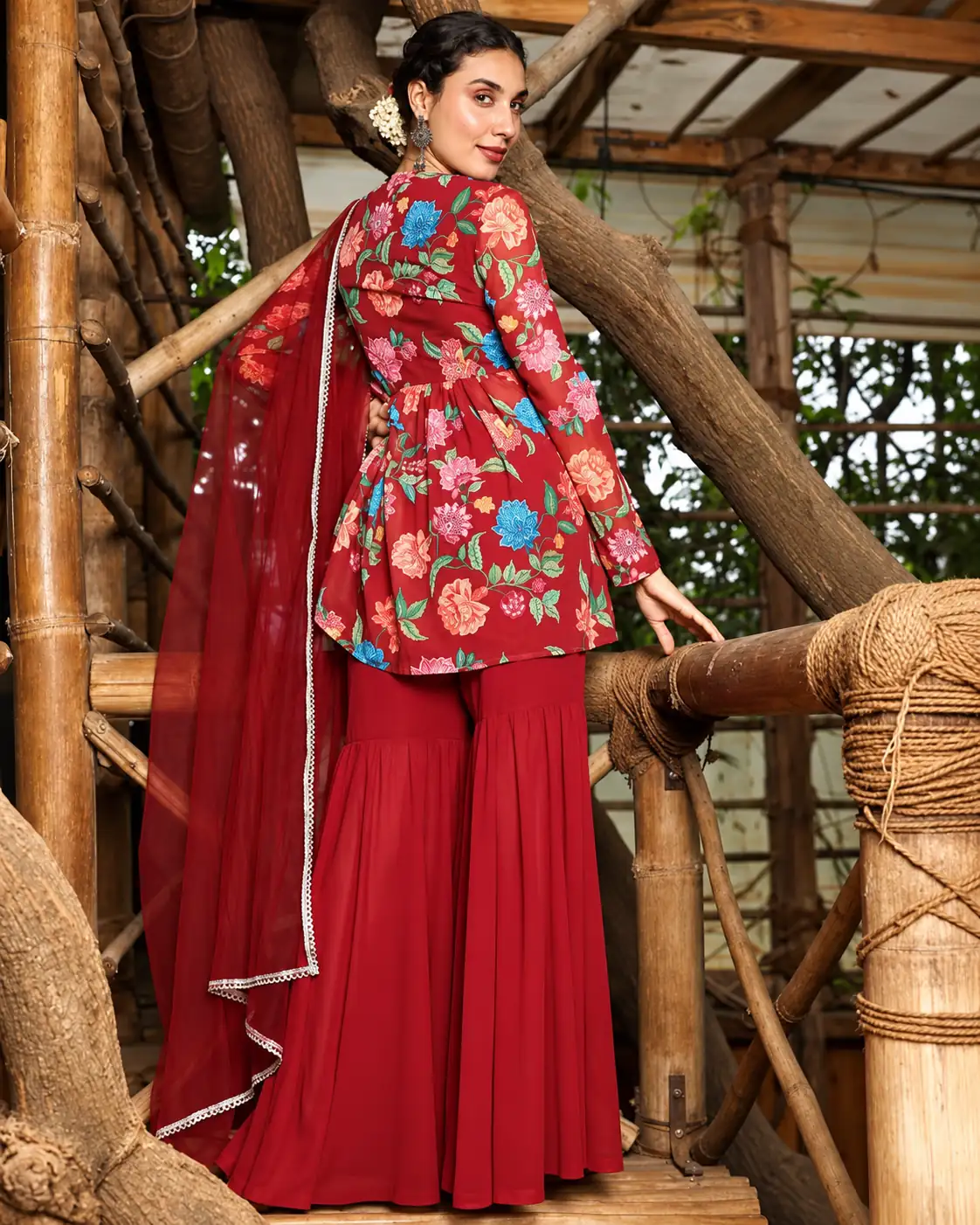Red Georgette Kurti Sharara Dupatta Set for Women, Festive - Image 2