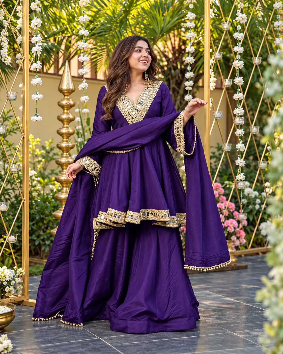 Purple Chiffon Mirror Work Kurti Sharara Dupatta Set, Wedding - Image 2