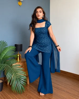 Navy Blue Georgette Kurti Palazzo Dupatta Set, Party Wear