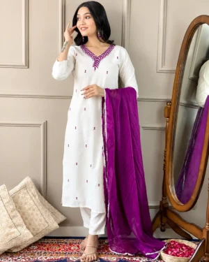 White Rayon Embroidered Kurta Pant Dupatta Set for Women