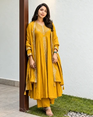 Lemon Yellow Embroidered Kurta Pant Dupatta Set, Festive Wear