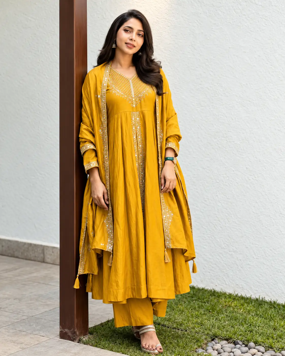 Lemon Yellow Embroidered Kurta Pant Dupatta Set, Festive Wear