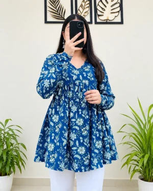 Blue Floral Rayon Short Kurti for Women with Waist Tie-Up