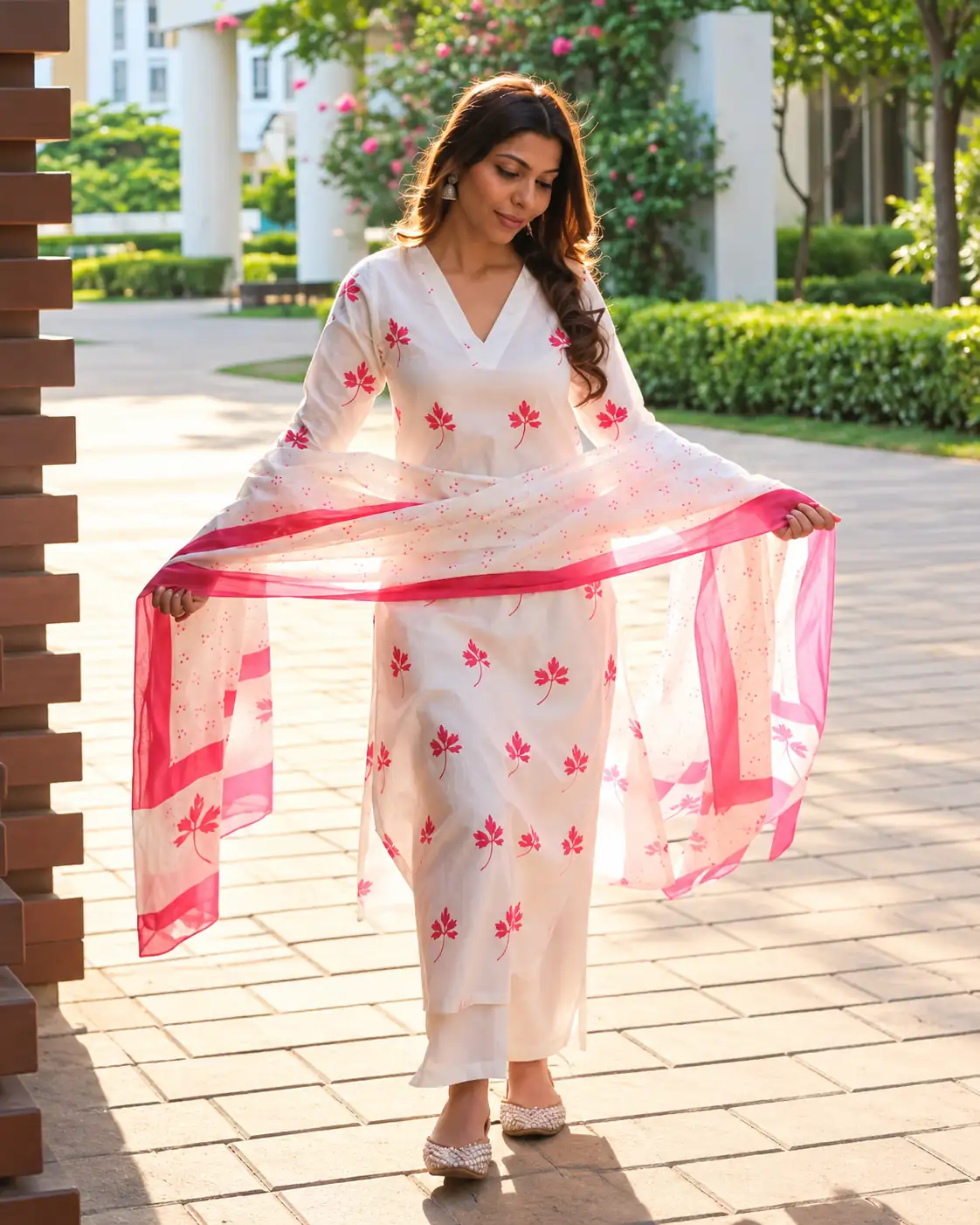 Red Rayon Floral Kurta Palazzo Dupatta Set with Lace Border - Image 2