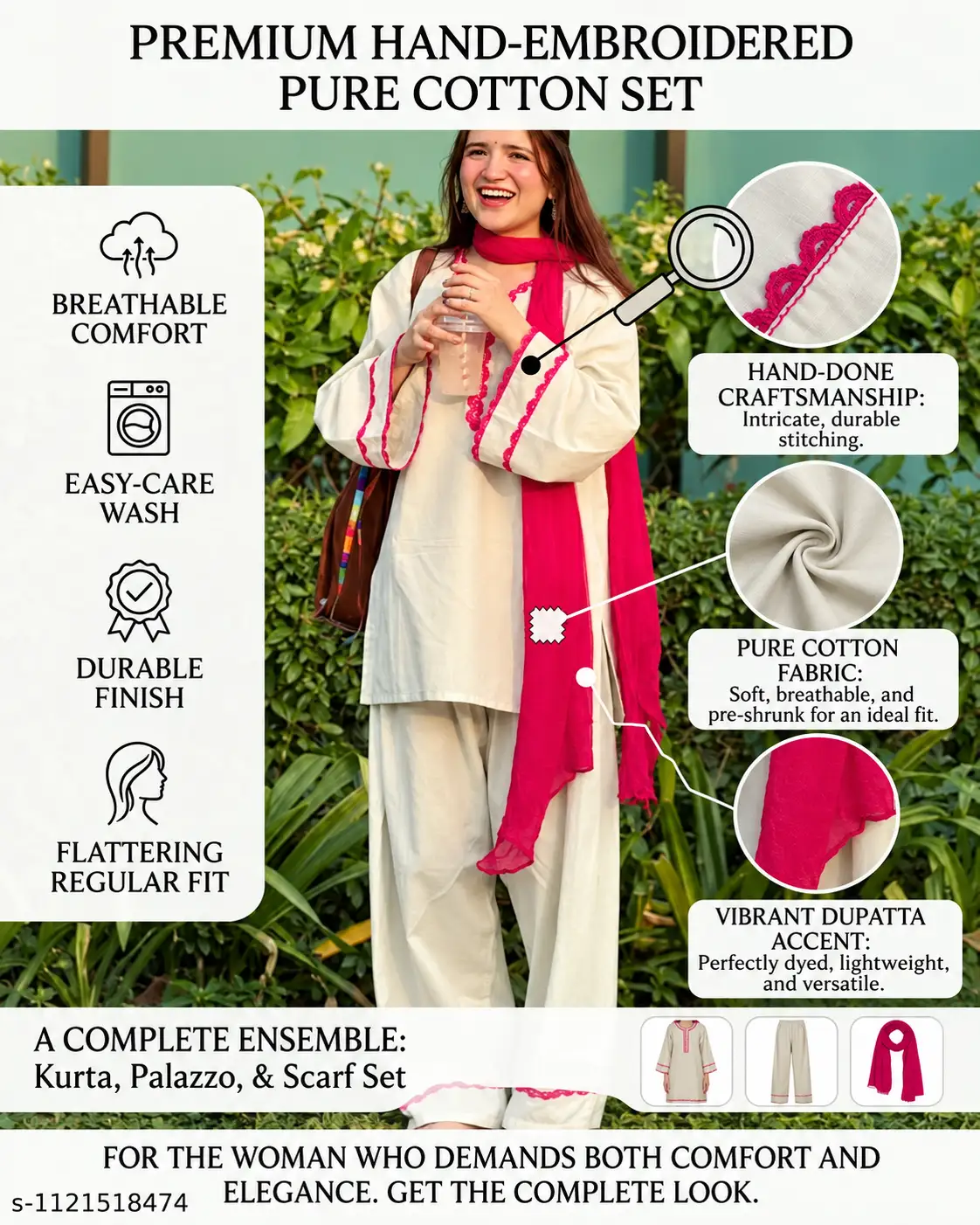 Women's Cream Khadi Cotton Kurta Set with Red Chiffon Dupatta & Salwar – 3 Piece Ethnic Wear - Image 3