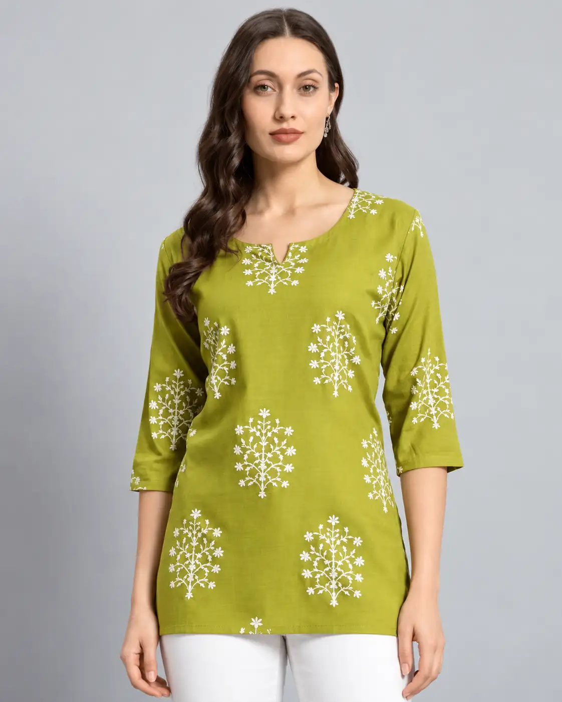 Green Floral Printed Cotton Short Kurti for Women, Daily