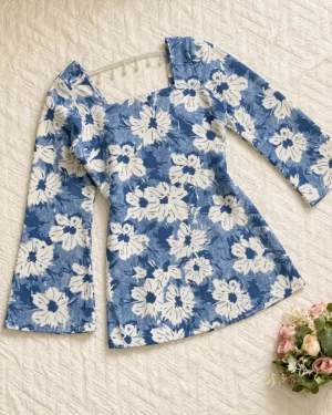 Blue Floral Cotton Short Kurti for Girls and Women, Daily