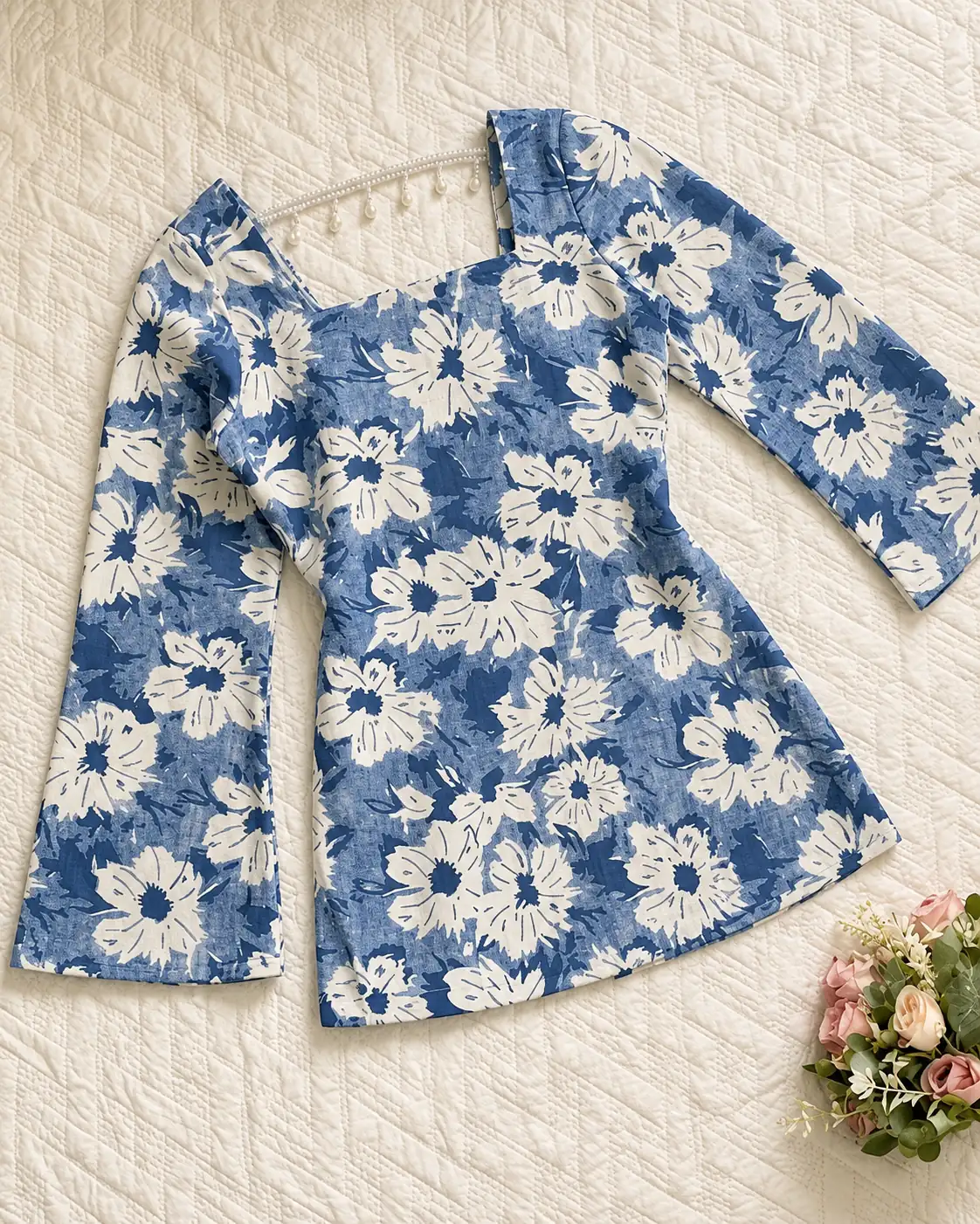 Blue Floral Cotton Short Kurti for Girls and Women, Daily