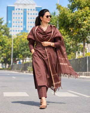 Brown Cotton Silk Ruffle Kurti Pant Dupatta Set for Women