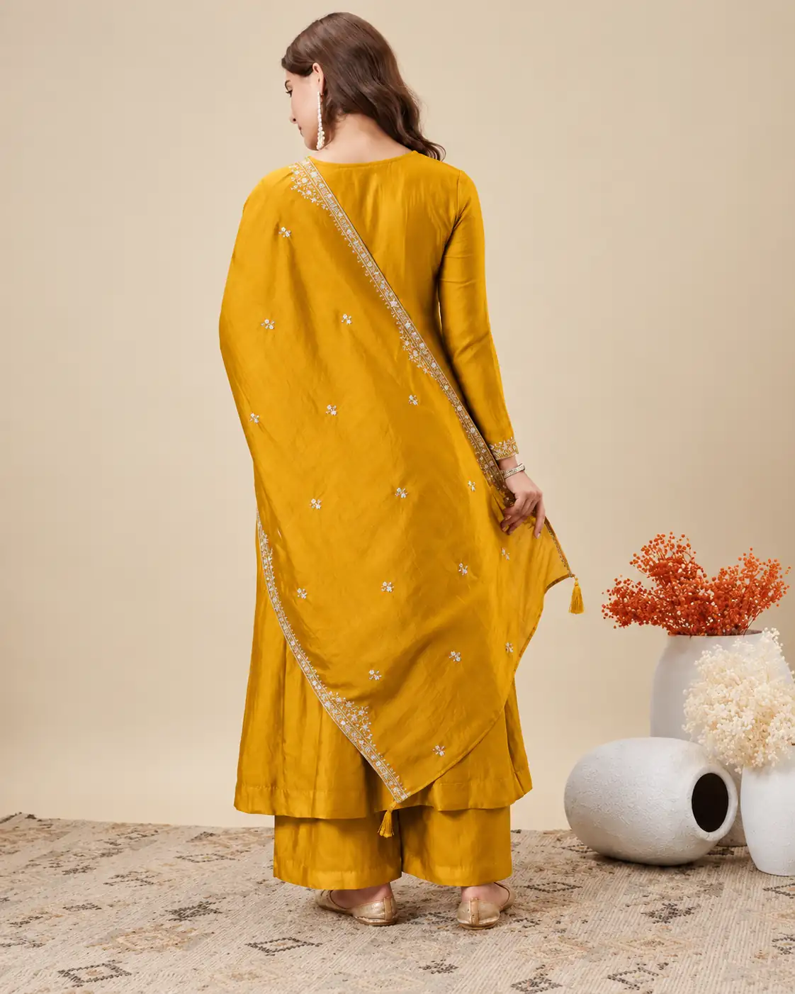 Lemon Yellow Embroidered Kurta Pant Dupatta Set, Festive Wear - Image 3