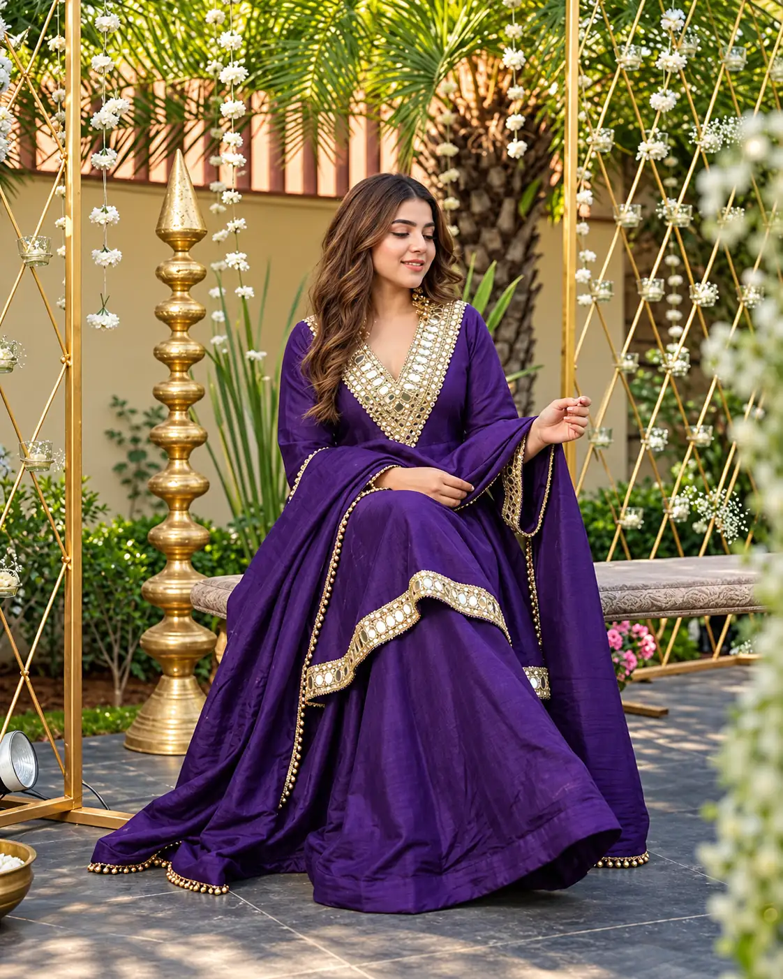 Purple Chiffon Mirror Work Kurti Sharara Dupatta Set, Wedding - Image 4