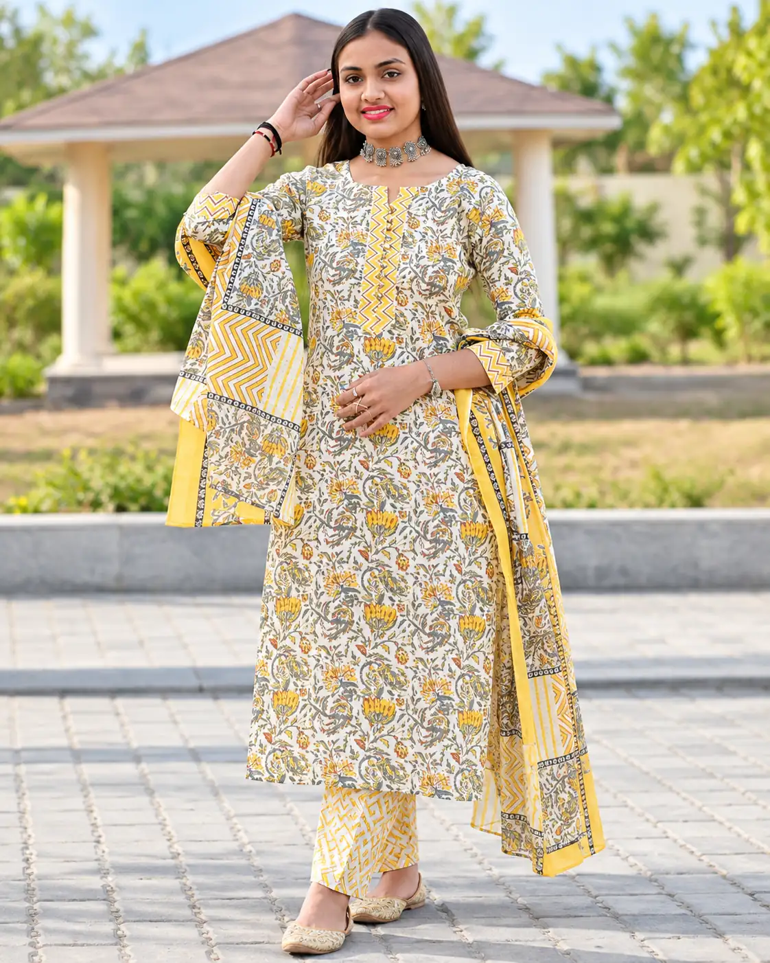 Yellow Cotton Printed Kurta Pant Dupatta Set for Women, Daily - Image 3