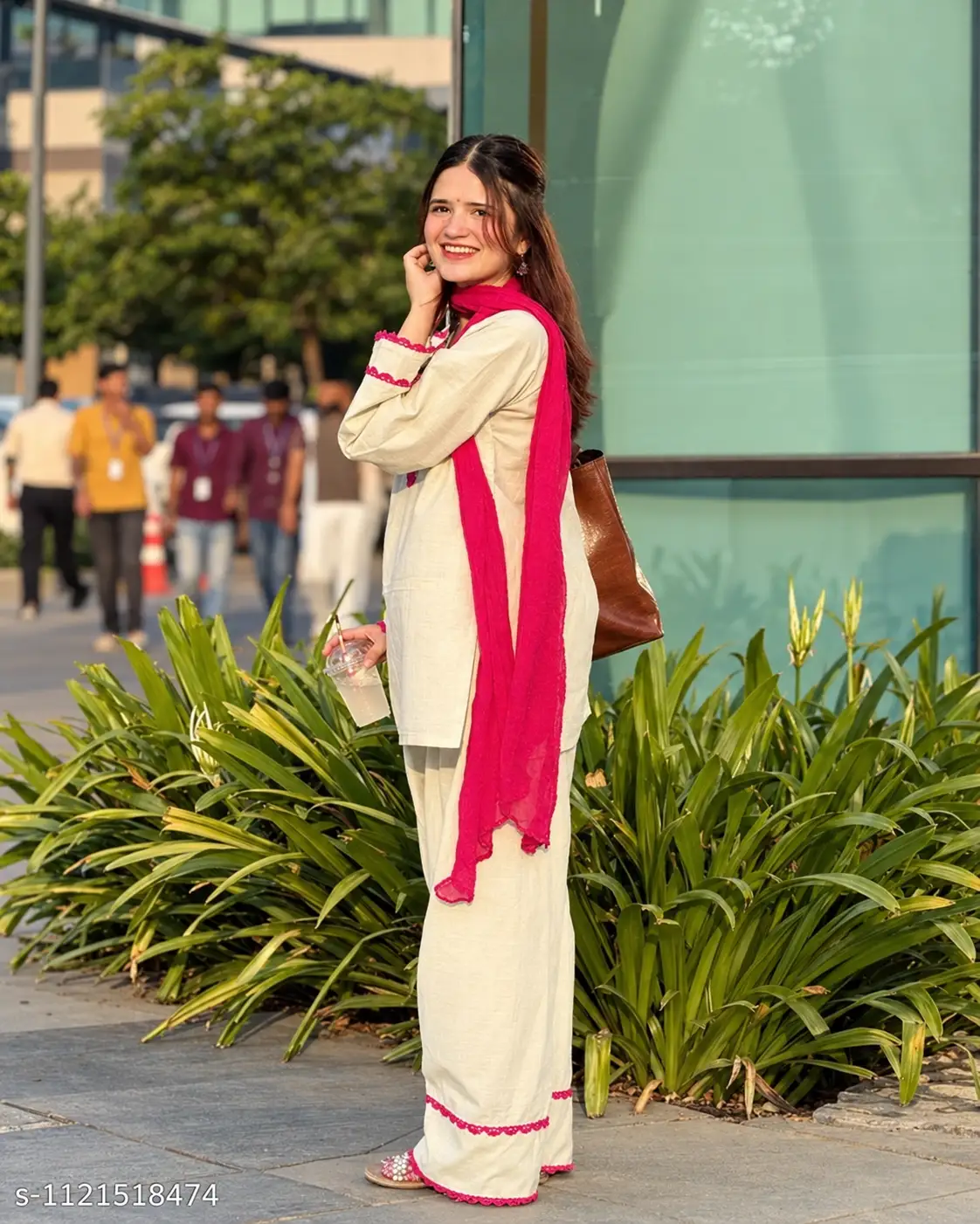 Women's Cream Khadi Cotton Kurta Set with Red Chiffon Dupatta & Salwar – 3 Piece Ethnic Wear - Image 2