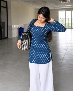 Blue Floral Rayon Short Kurti for Women with Back Tie-Up