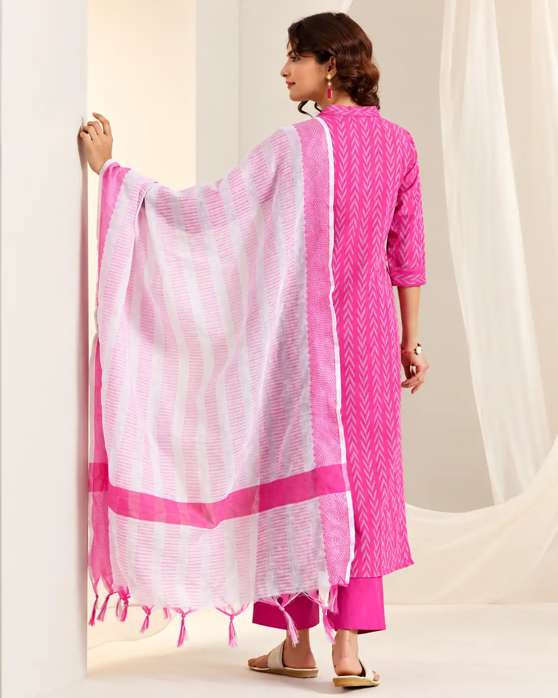 Pink Striped Cotton Kurta Pant Dupatta Set for Women, Office - Image 3