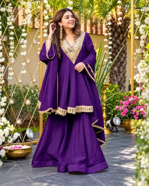Purple Chiffon Mirror Work Kurti Sharara Dupatta Set, Wedding