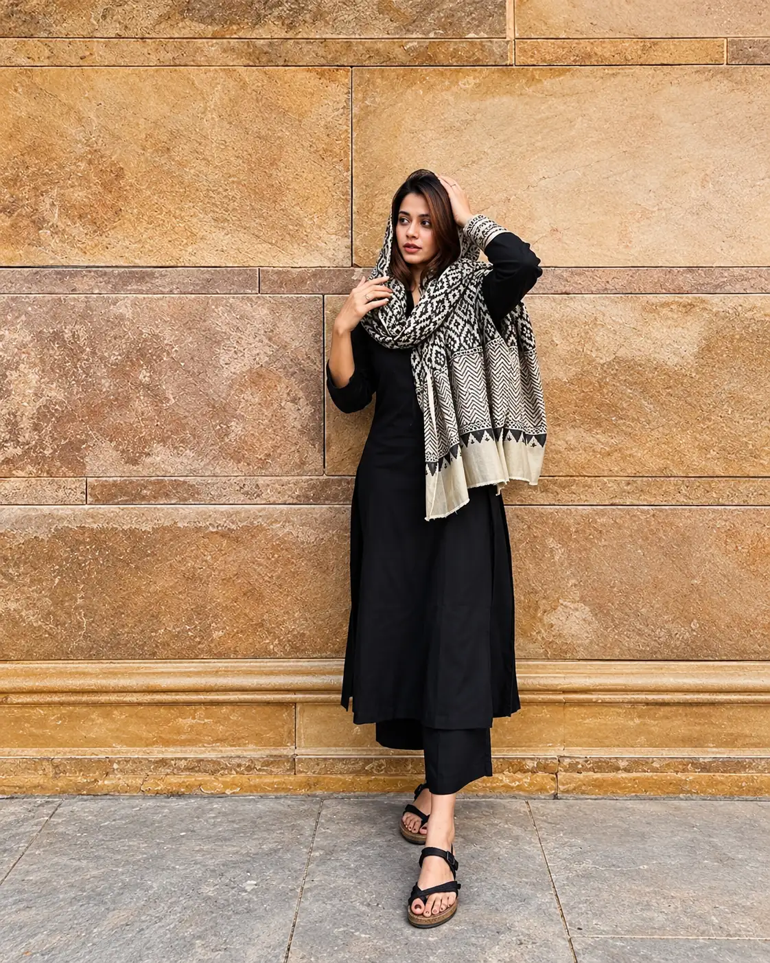 Black Rayon Kurta Palazzo Set with Shawl Dupatta for Women
