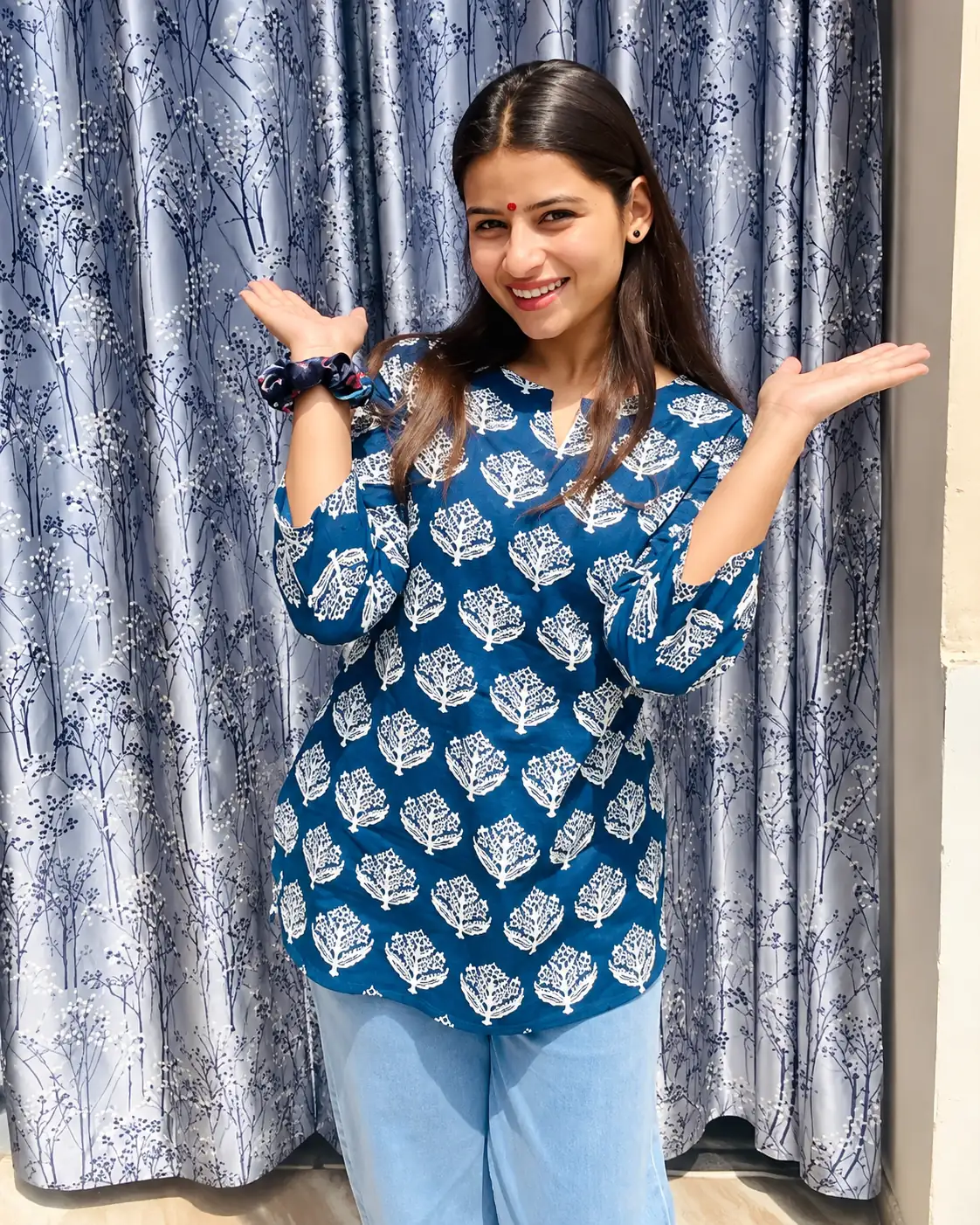Teal Blue Handblock Print Rayon Short Kurti for Women - Image 2