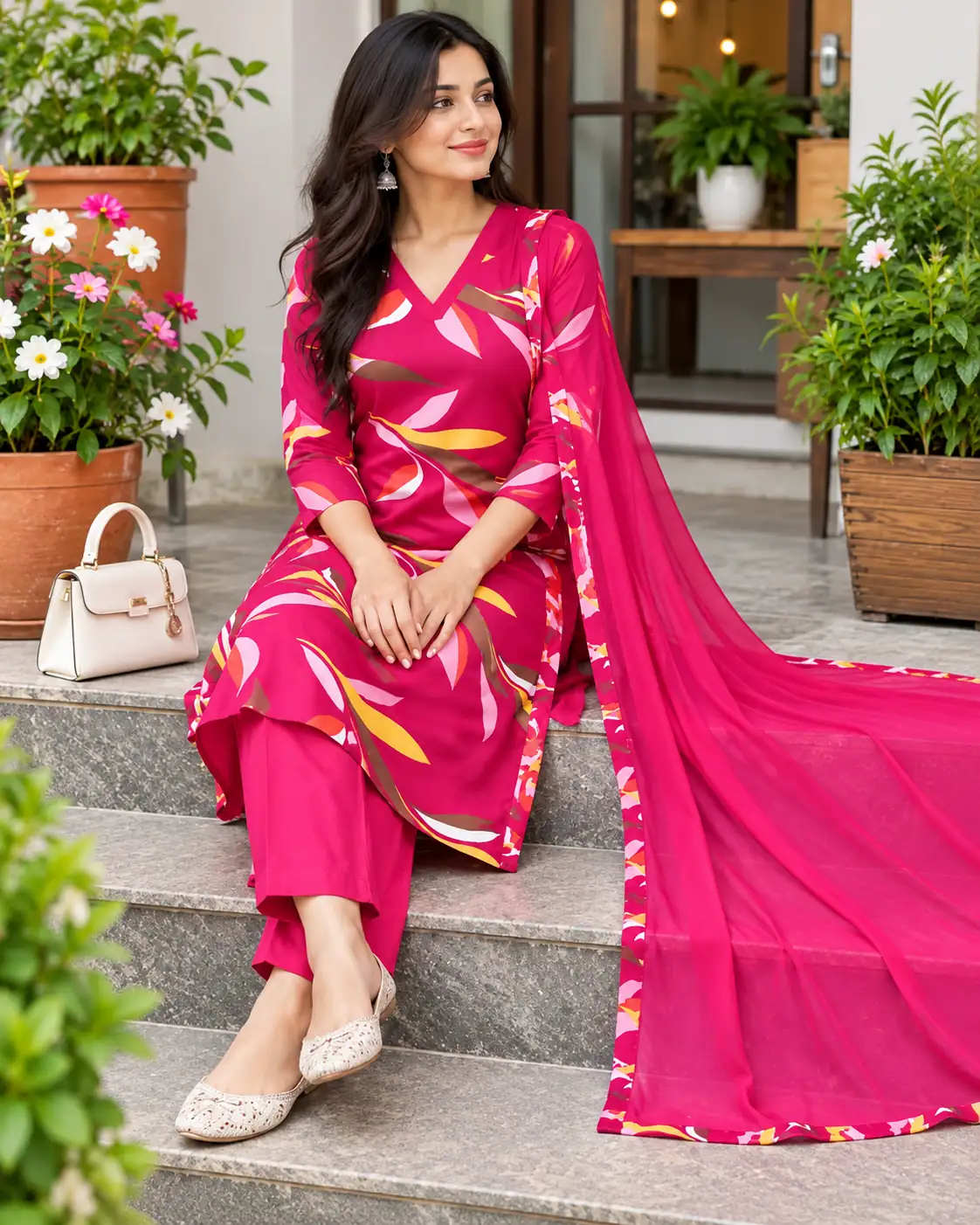 3 Piece Pink Floral Kurti Pant Dupatta Set for Women, Party - Image 2