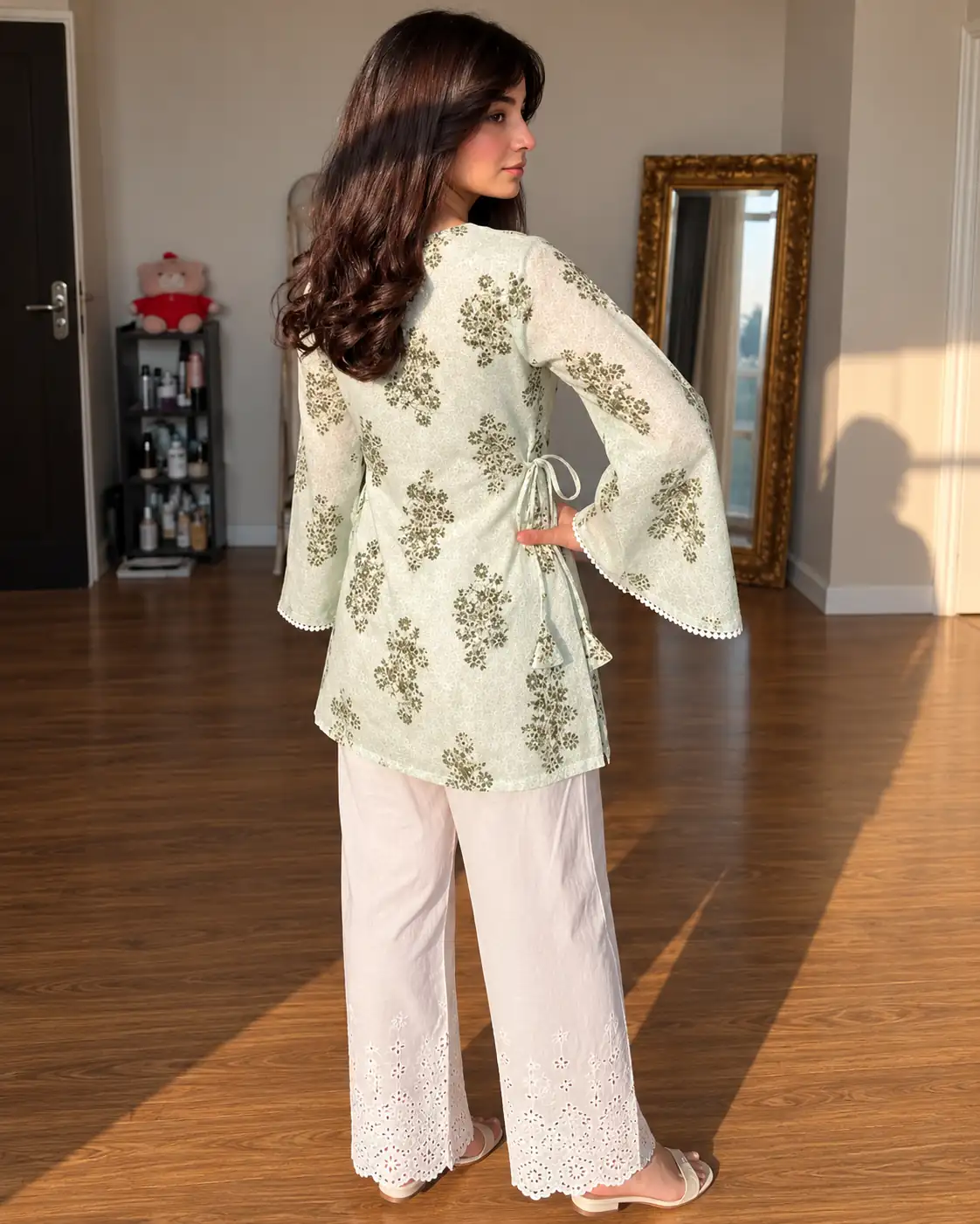 White Floral Cotton Short Kurti with Bell Sleeves for Women - Image 3