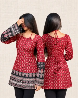 Red Ethnic Print Viscose Rayon Kurti for Women, Long Sleeves