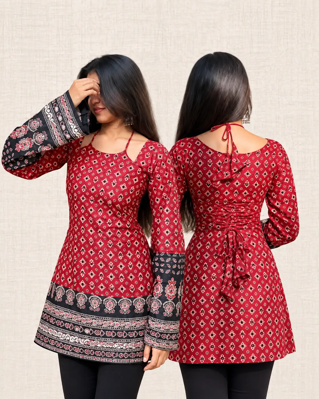 Red Ethnic Print Viscose Rayon Kurti for Women, Long Sleeves
