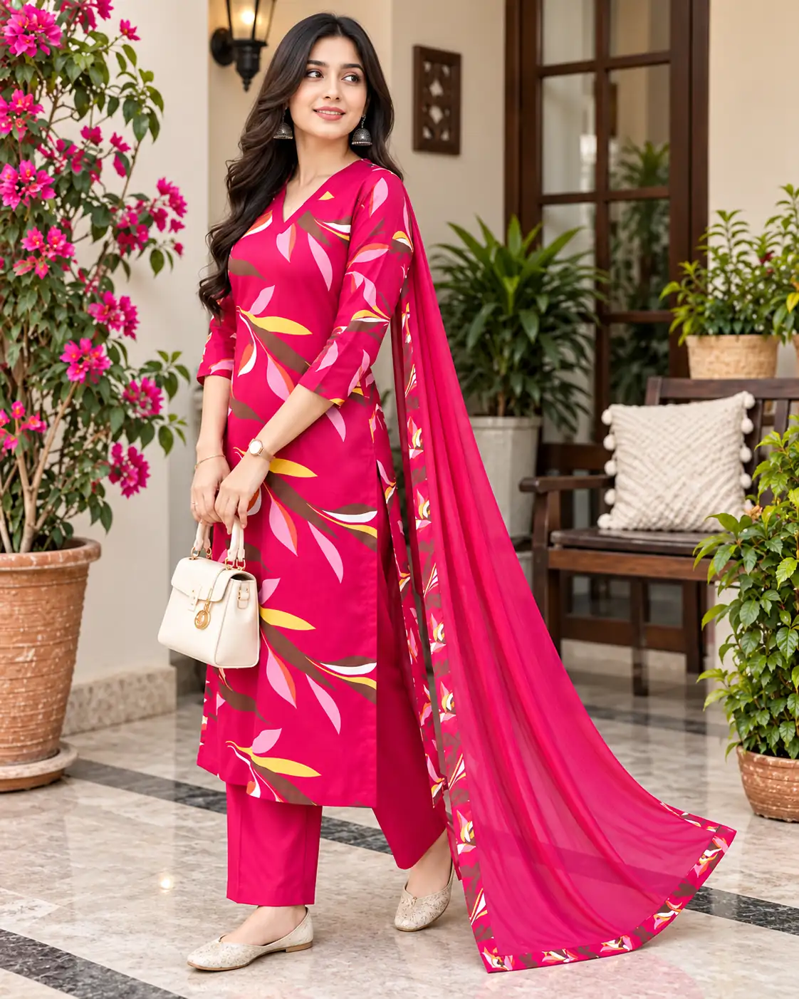 3 Piece Pink Floral Kurti Pant Dupatta Set for Women, Party