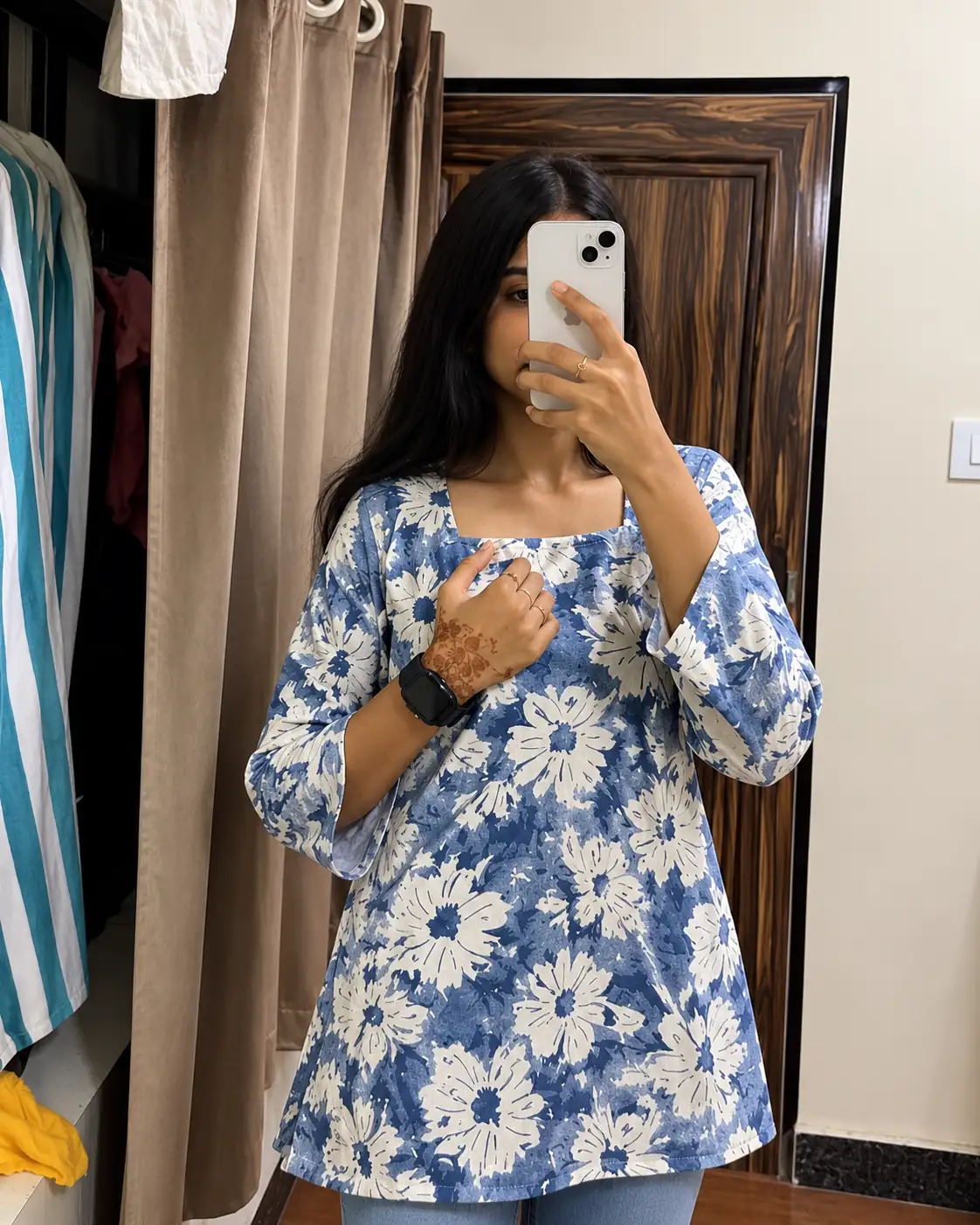 Blue Floral Cotton Short Kurti for Girls and Women, Daily - Image 2