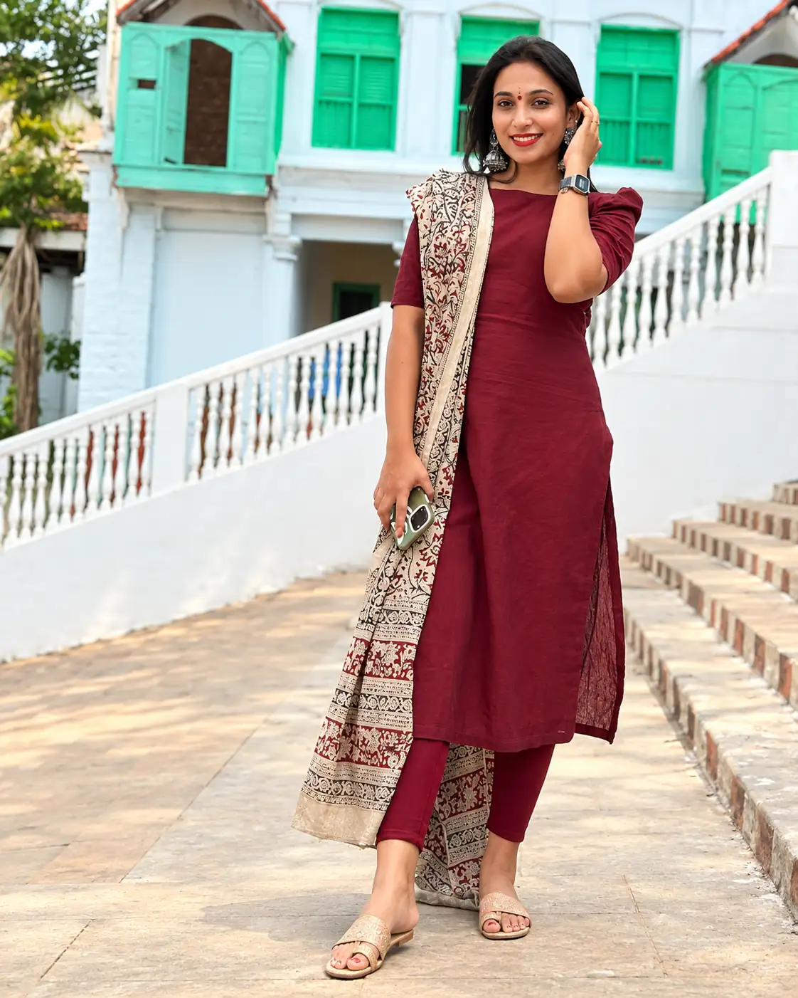 Maroon Viscose Kurta Pant Dupatta Set for Women, Daily Wear - Image 4