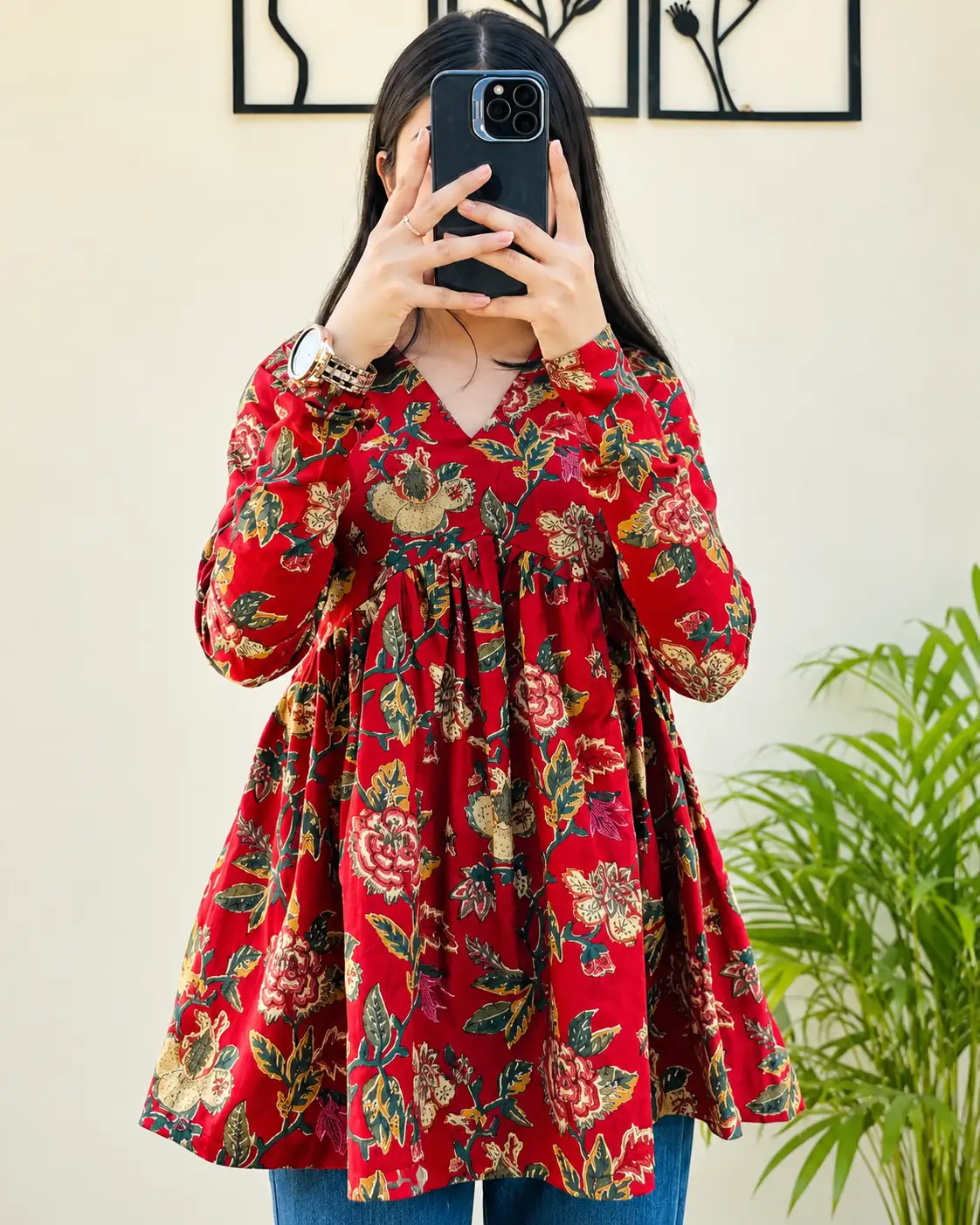 Maroon Floral Rayon Short Kurti Top for Women, Waist Tie-Up