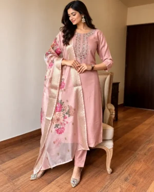 3 Piece Pink Embroidered Kurti Pant Dupatta Set for Women