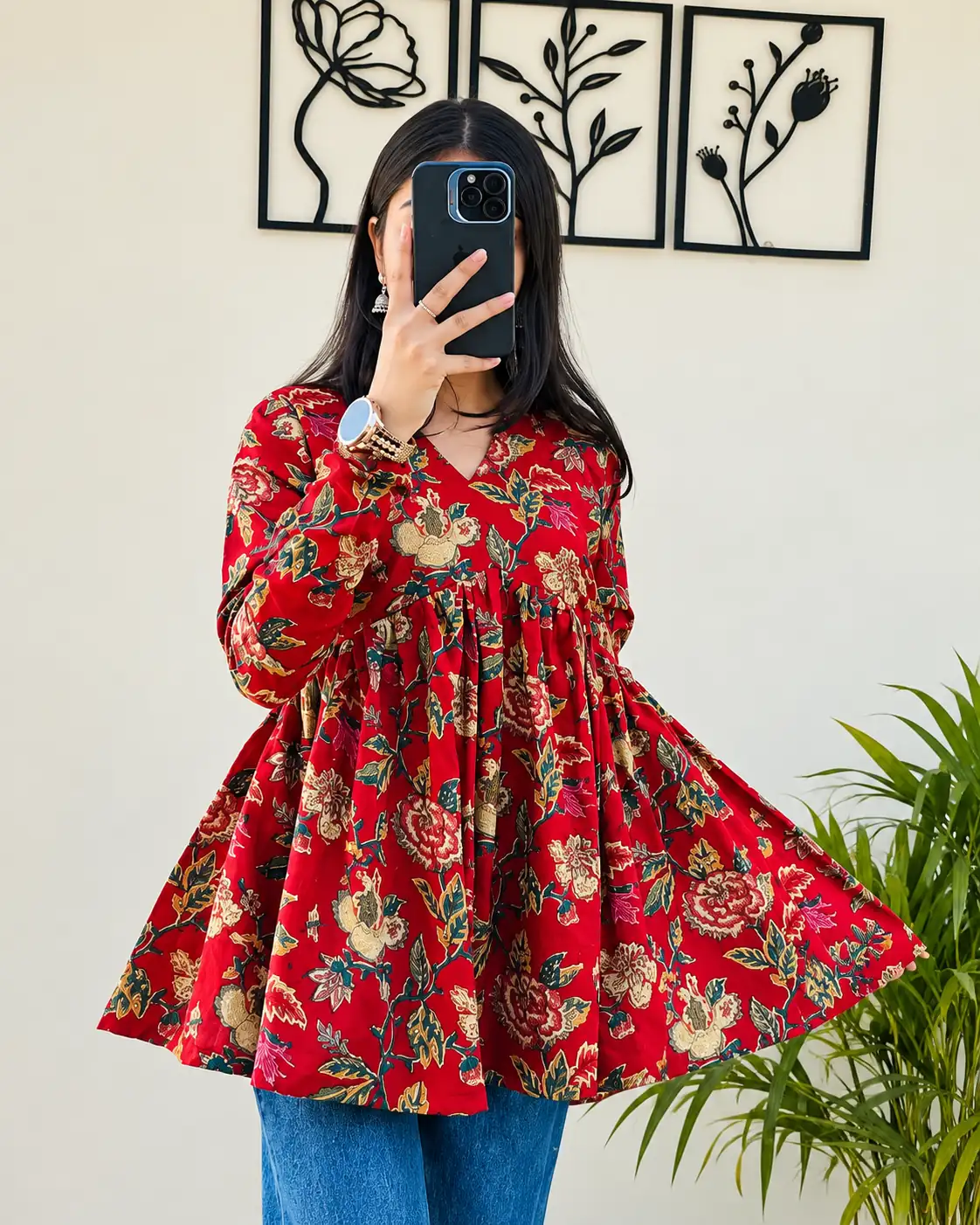 Maroon Floral Rayon Short Kurti Top for Women, Waist Tie-Up - Image 2