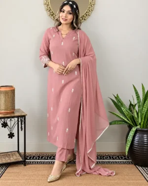 Pink Rayon Slub Kurta Pant Dupatta Set for Women, Daily Wear
