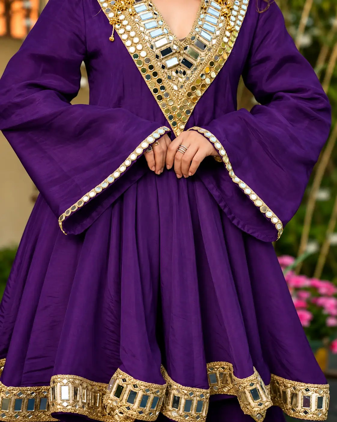 Purple Chiffon Mirror Work Kurti Sharara Dupatta Set, Wedding - Image 3