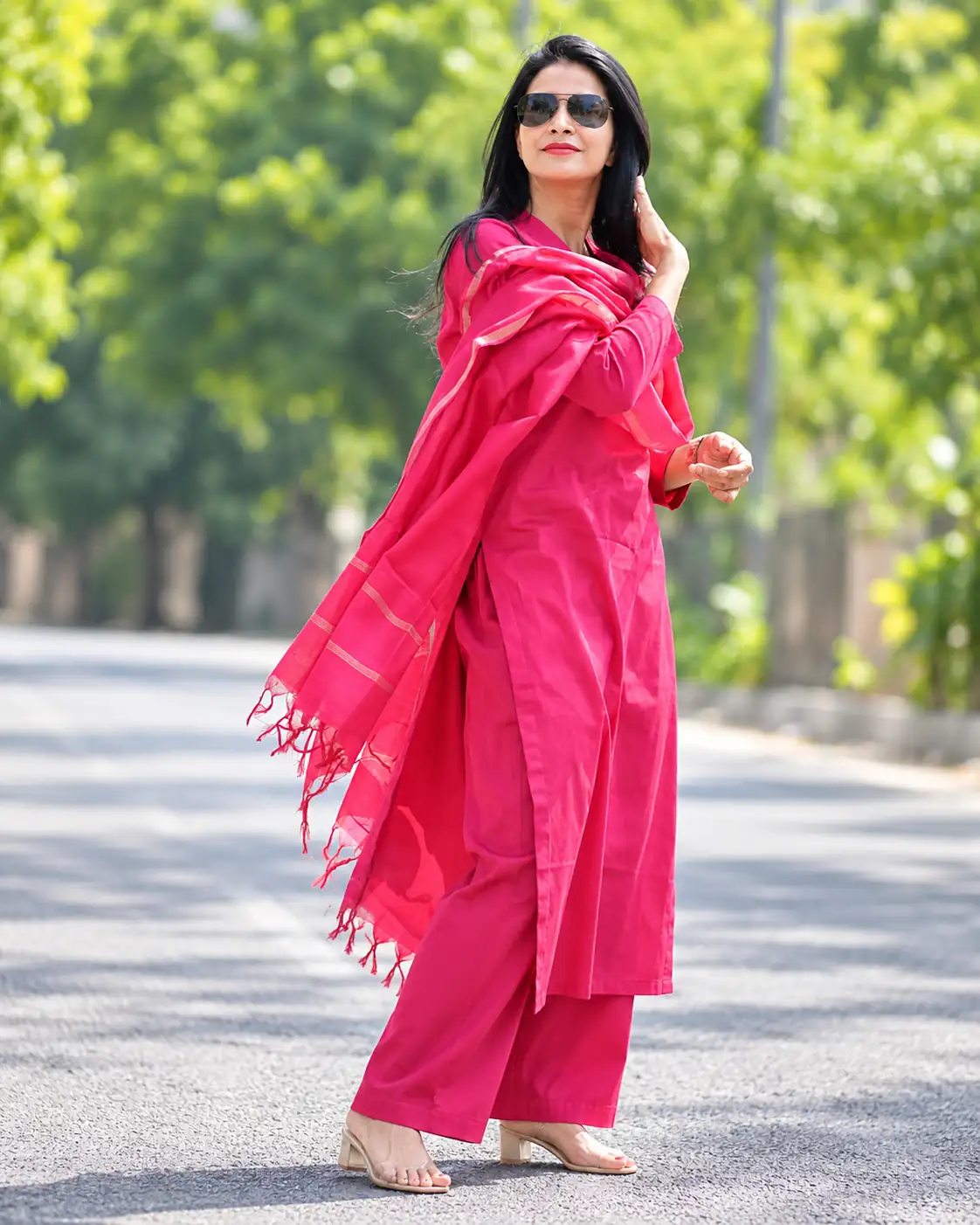 Pink Cotton Silk Embroidered Kurta Pant Dupatta Set for Women