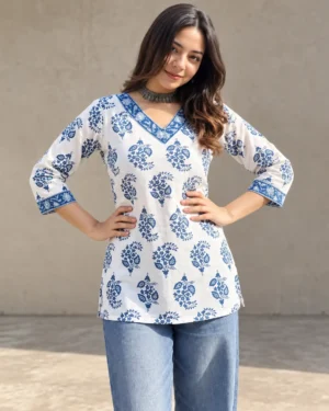 White Blue Floral Pure Cotton Short Kurti for Women, Lace