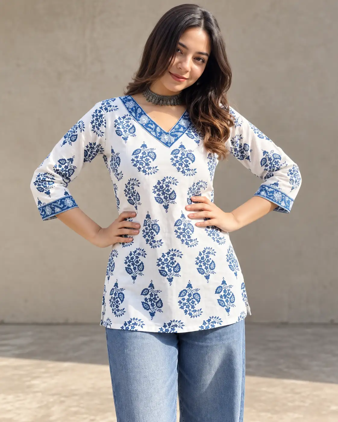 White Blue Floral Pure Cotton Short Kurti for Women, Lace