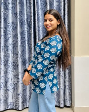 Teal Blue Handblock Print Rayon Short Kurti for Women
