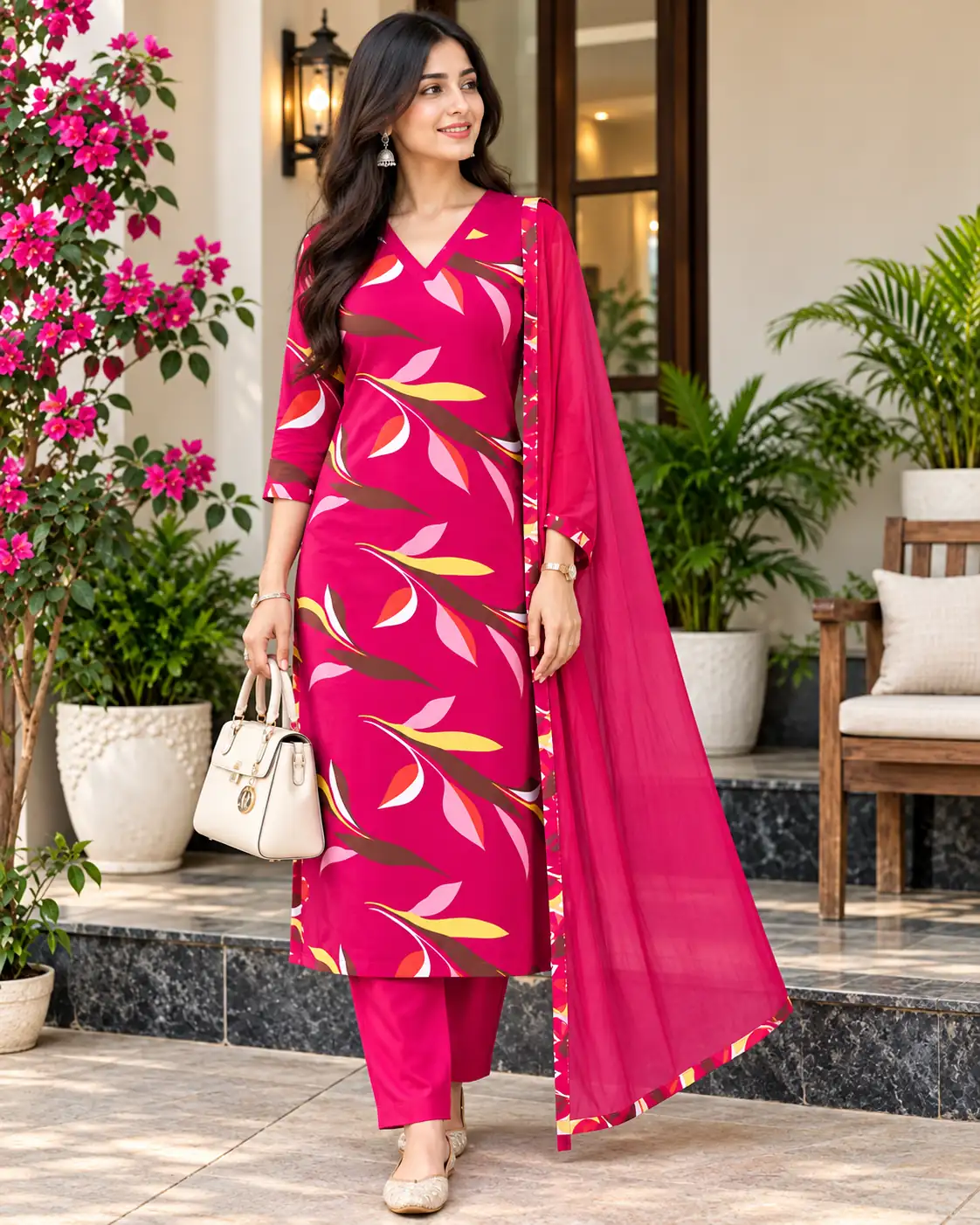 3 Piece Pink Floral Kurti Pant Dupatta Set for Women, Party - Image 3