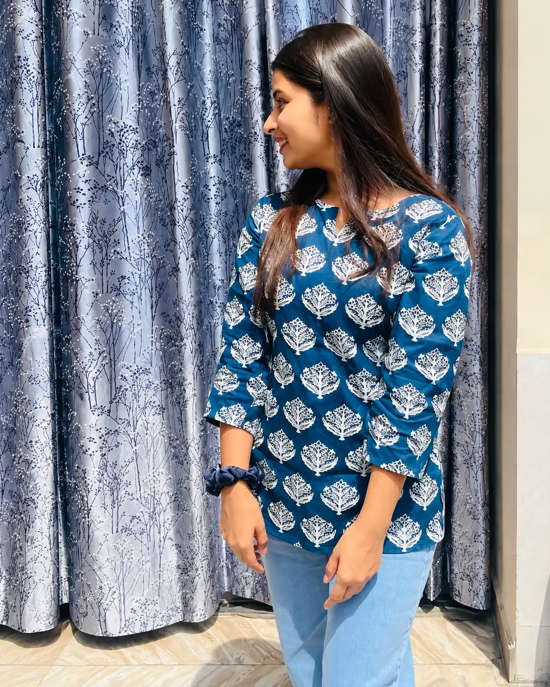 Teal Blue Handblock Print Rayon Short Kurti for Women - Image 4