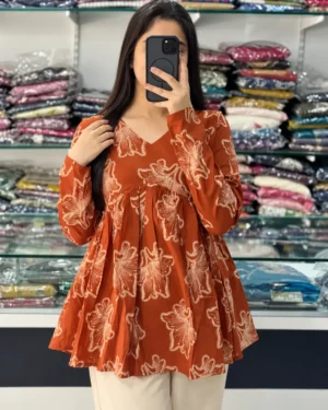 Brown Floral Rayon Short Kurti Top for Women, Long Sleeves