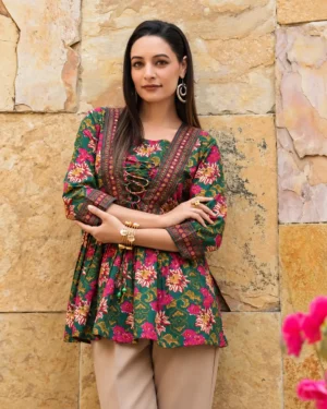 Multicolor Floral Rayon Short Kurti Top with Waist Tie-Up