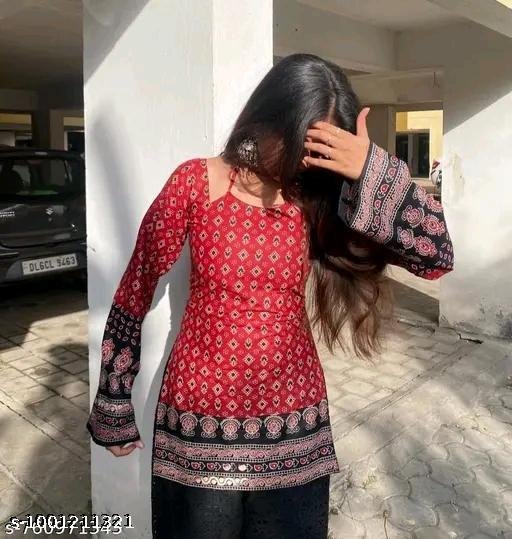 Red Ethnic Print Viscose Rayon Kurti for Women, Long Sleeves - Image 3